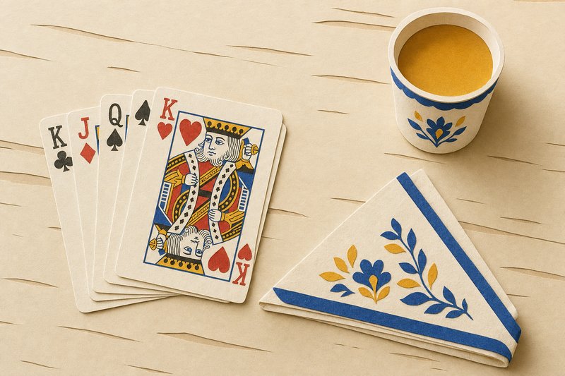 Papercut-Illustration: aufgefächerte Spielkarten mit Herz-König auf einem Holztisch, daneben ein Becher und eine gefaltete Serviette