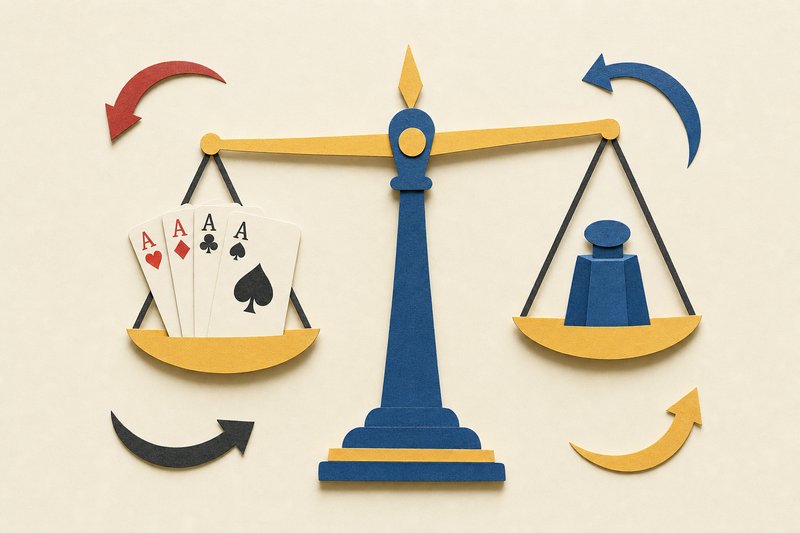 Papercut-Illustration: eine Balkenwaage mit vier Assen auf der einen und einem Gewicht auf der anderen Seite, umgeben von Pfeilen