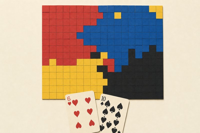 Papercut-Illustration: ein Raster aus roten, blauen, gelben und schwarzen Papierkacheln wie eine Strategietabelle, davor eine Herz-Sechs und eine Pik-Zehn