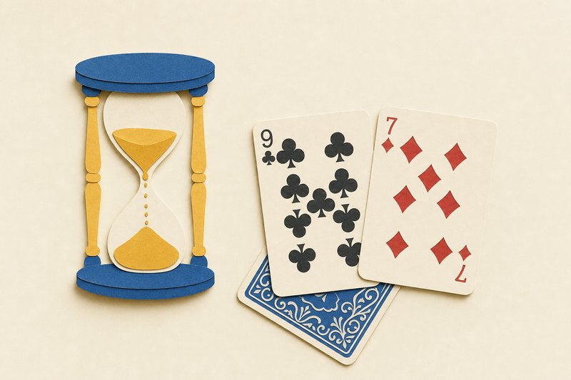 Papercut-Illustration: eine Sanduhr neben einer Kreuz-Neun und einer Karo-Sieben, darunter ein verdeckter Kartenrücken